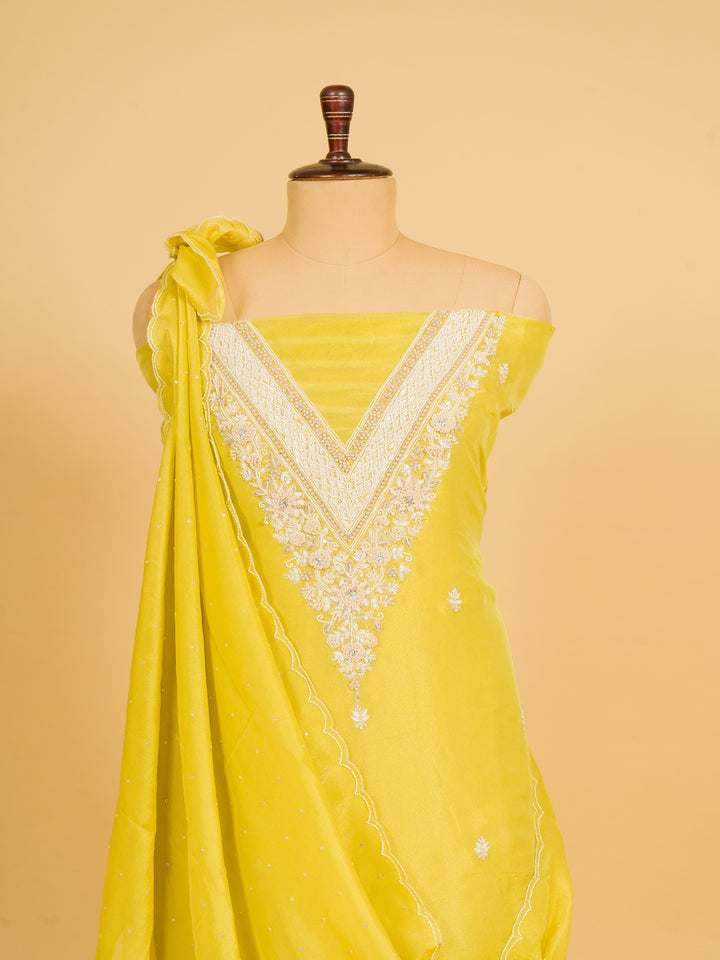 Tissue Suit Piece with Zardozi Pearl Work in Lemon Yellow