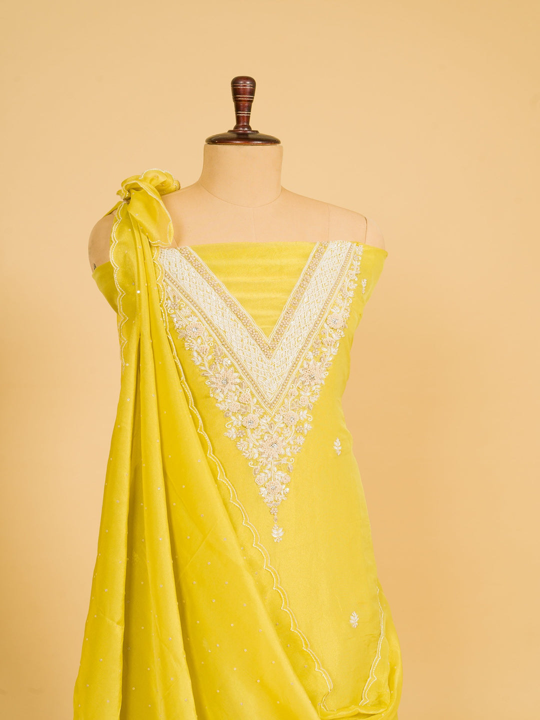 Tissue Suit Piece with Zardozi Pearl Work in Lemon Yellow