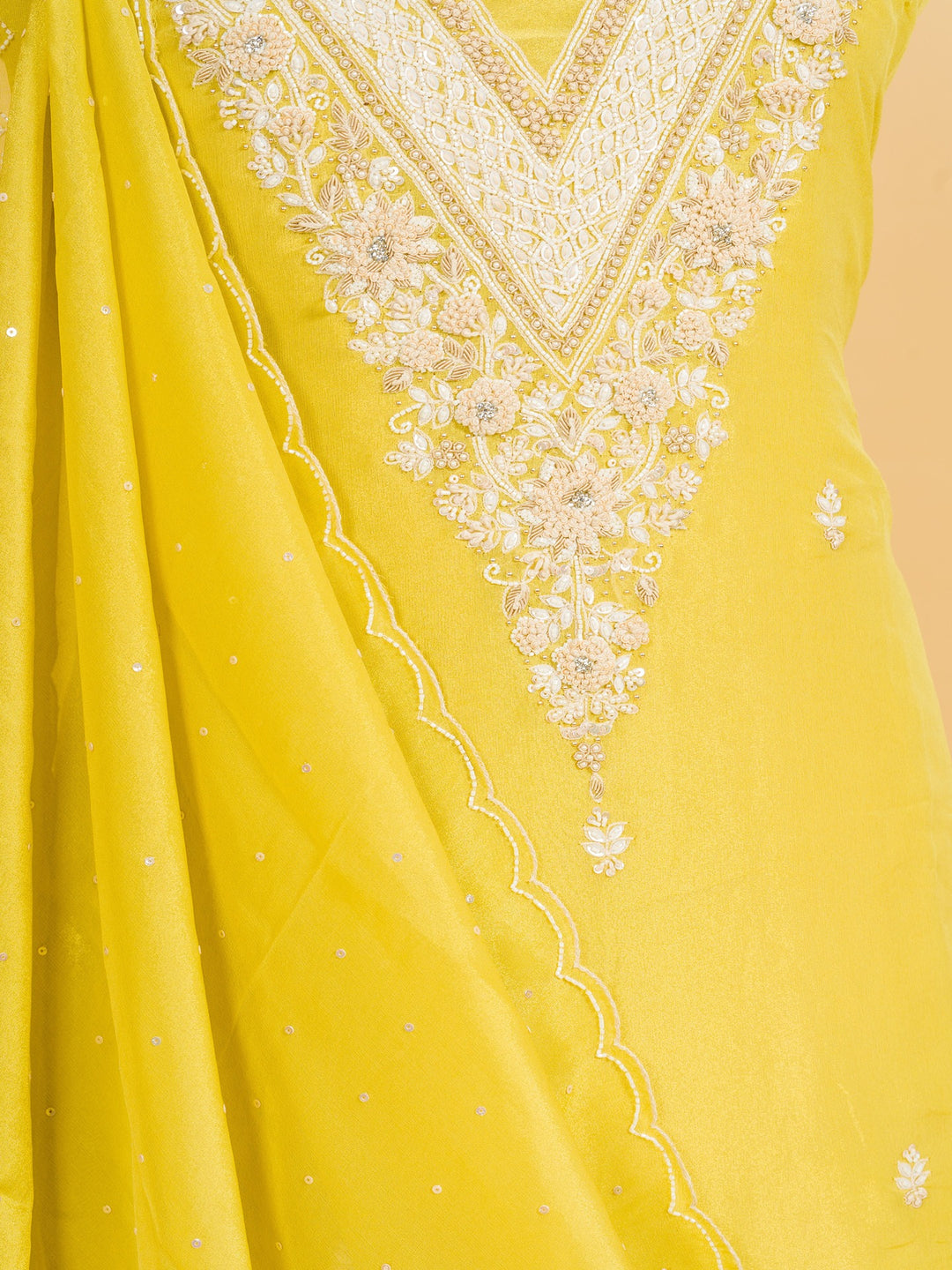 Tissue Suit Piece with Zardozi Pearl Work in Lemon Yellow