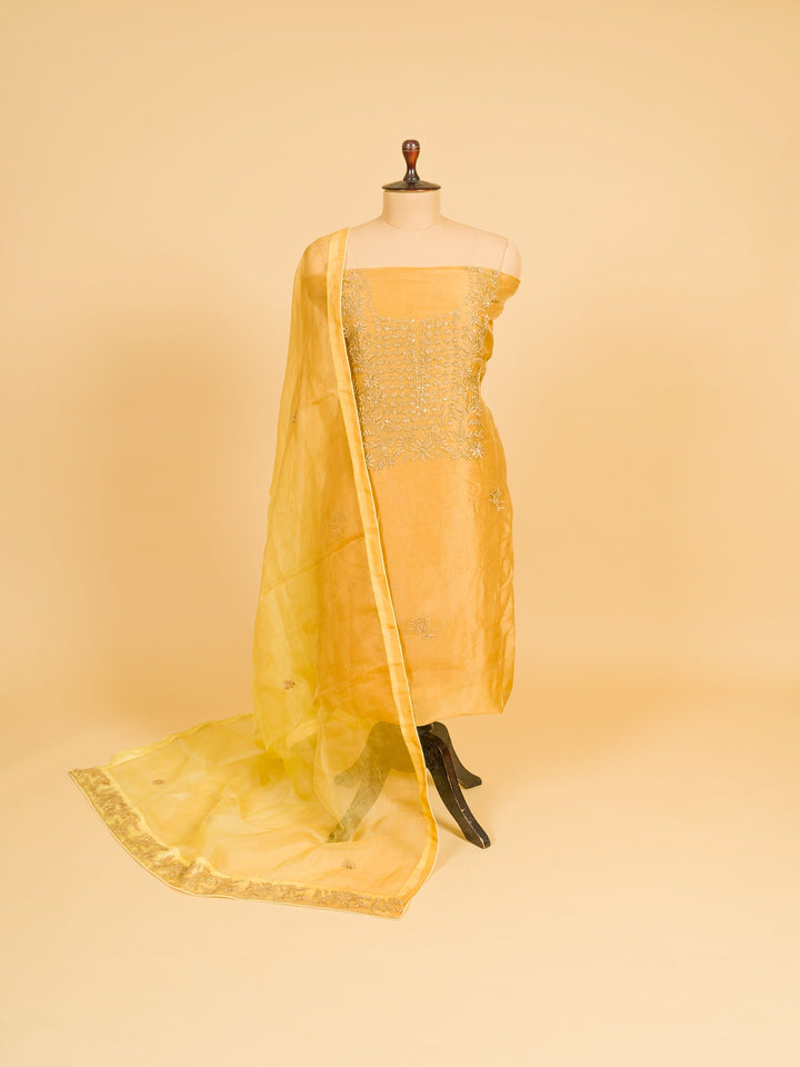 Organza Suit Piece With  Karachi embroidery in Mustard