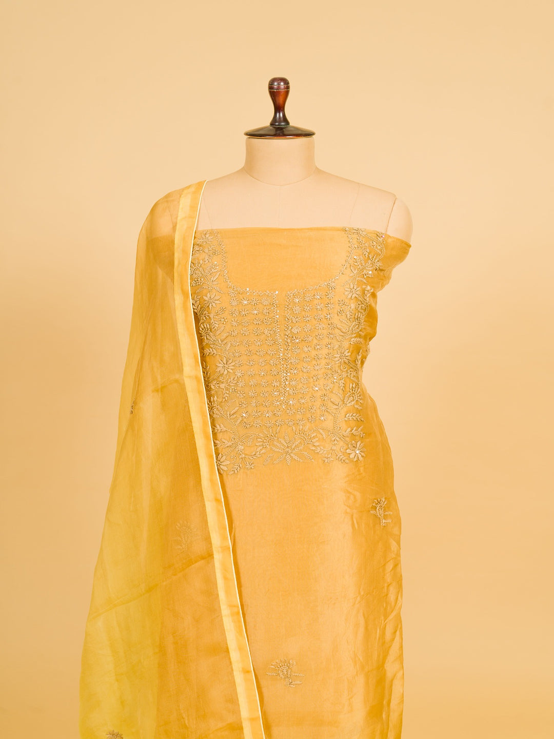 Organza Suit Piece With  Karachi embroidery in Mustard