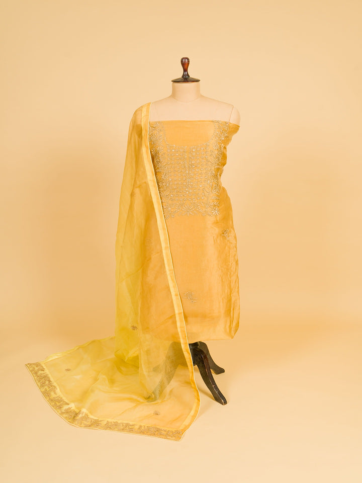 Organza Suit Piece With  Karachi embroidery in Mustard