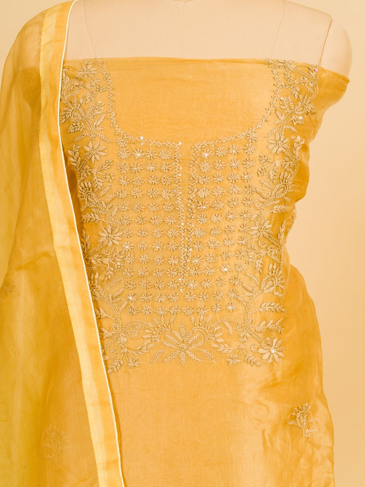 Organza Suit Piece With  Karachi embroidery in Mustard