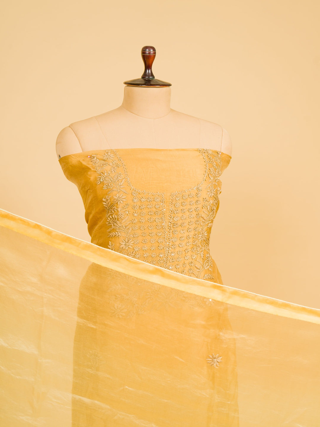 Organza Suit Piece With  Karachi embroidery in Mustard