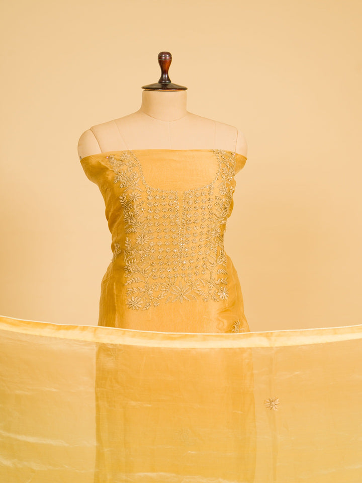 Organza Suit Piece With  Karachi embroidery in Mustard