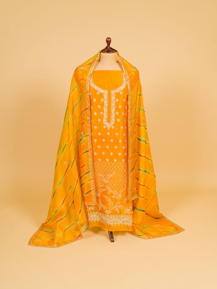 Organza Suit Piece With Zardosi Work In Deep Yellow