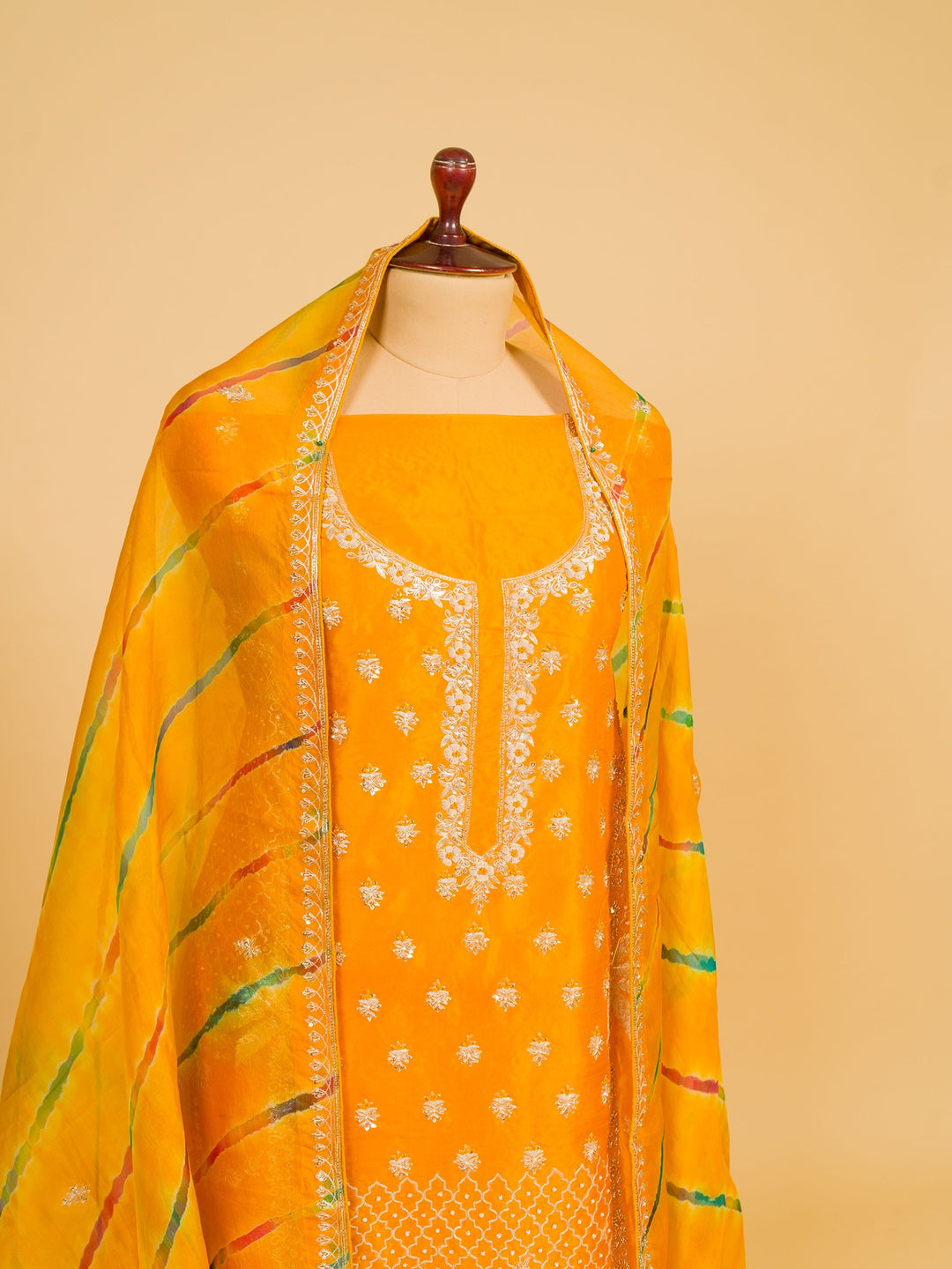 Organza Suit Piece With Zardosi Work In Deep Yellow