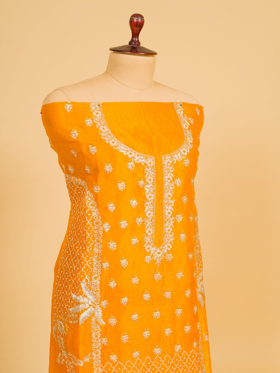 Organza Suit Piece With Zardosi Work In Deep Yellow