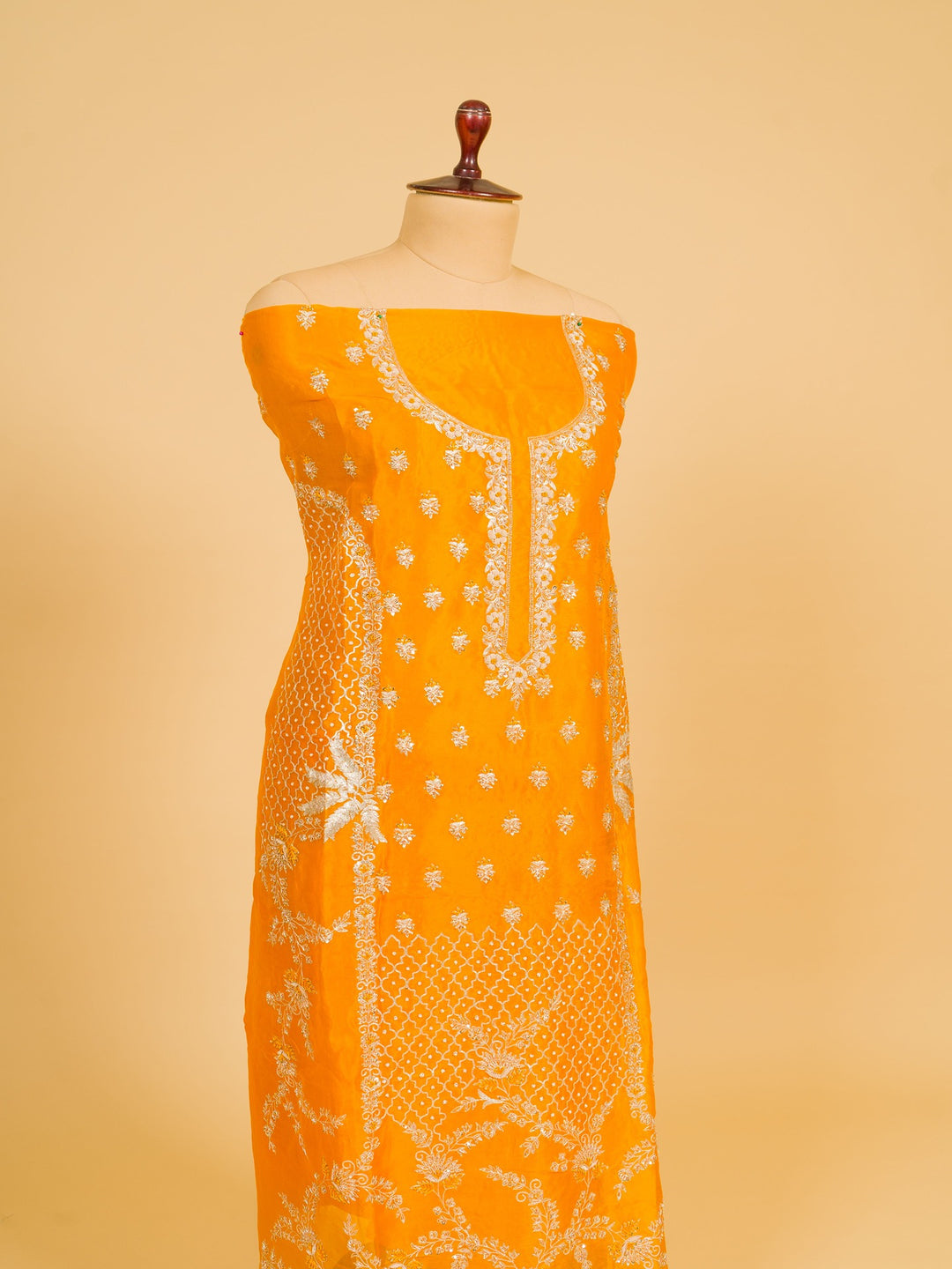 Organza Suit Piece With Zardosi Work In Deep Yellow