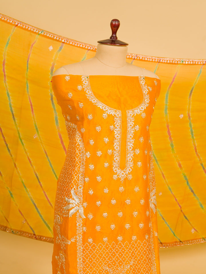 Organza Suit Piece With Zardosi Work In Deep Yellow