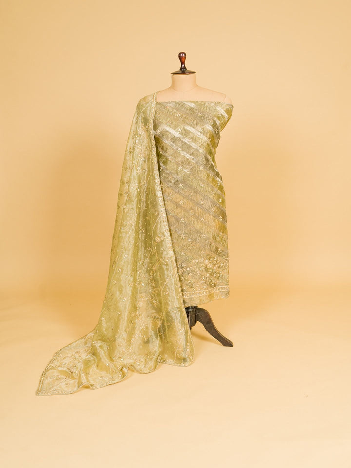 Tissue Suit Piece with Zardozi work in Mehendi Green