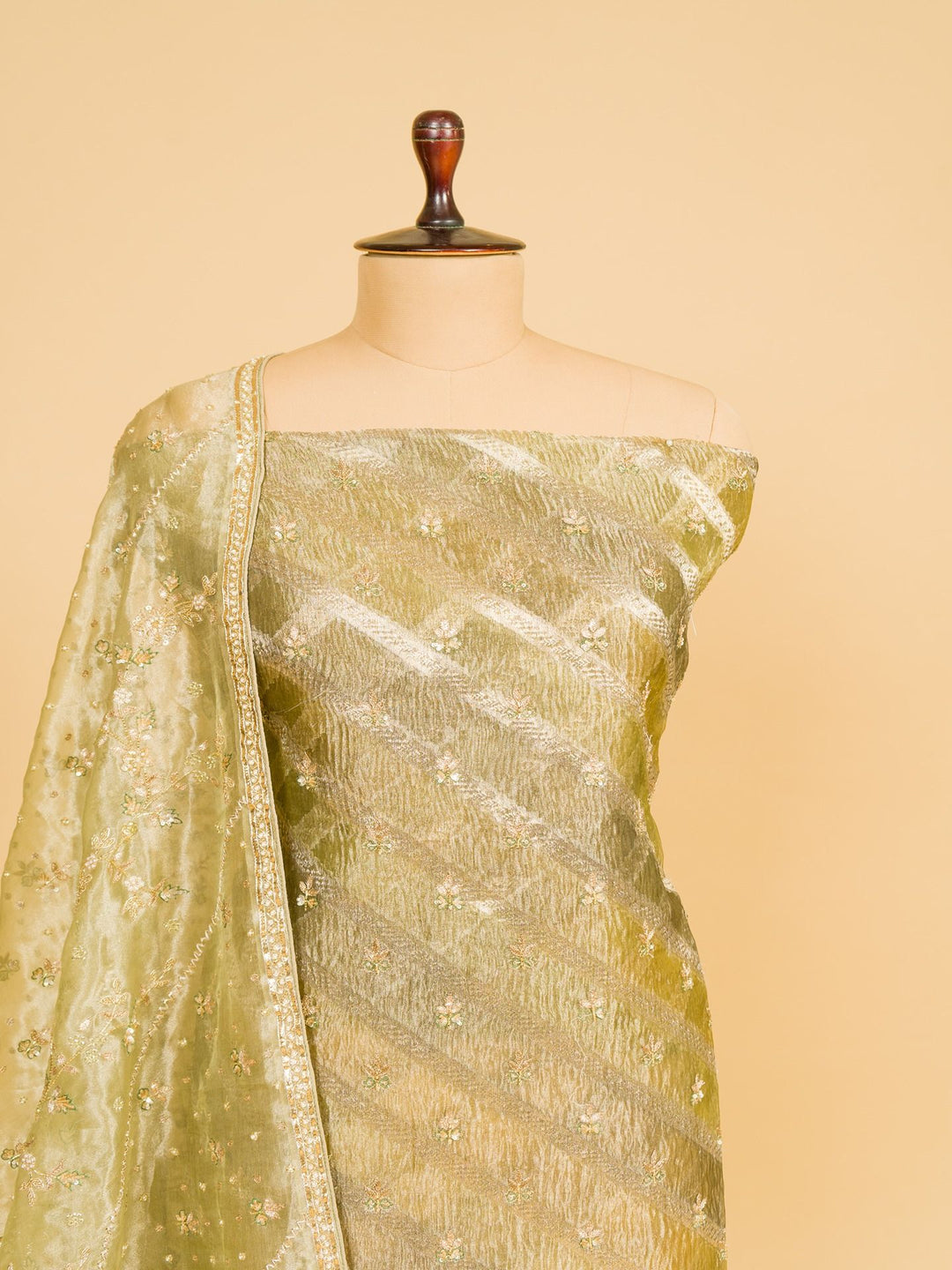 Tissue Suit Piece with Zardozi work in Mehendi Green