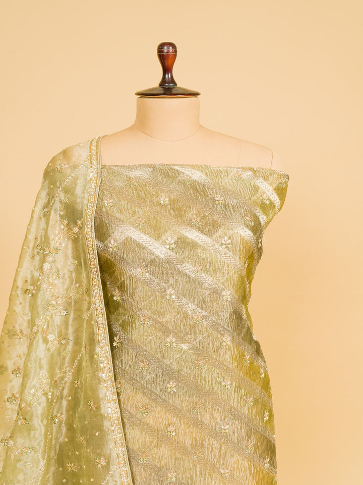 Tissue Suit Piece with Zardozi work in Mehendi Green