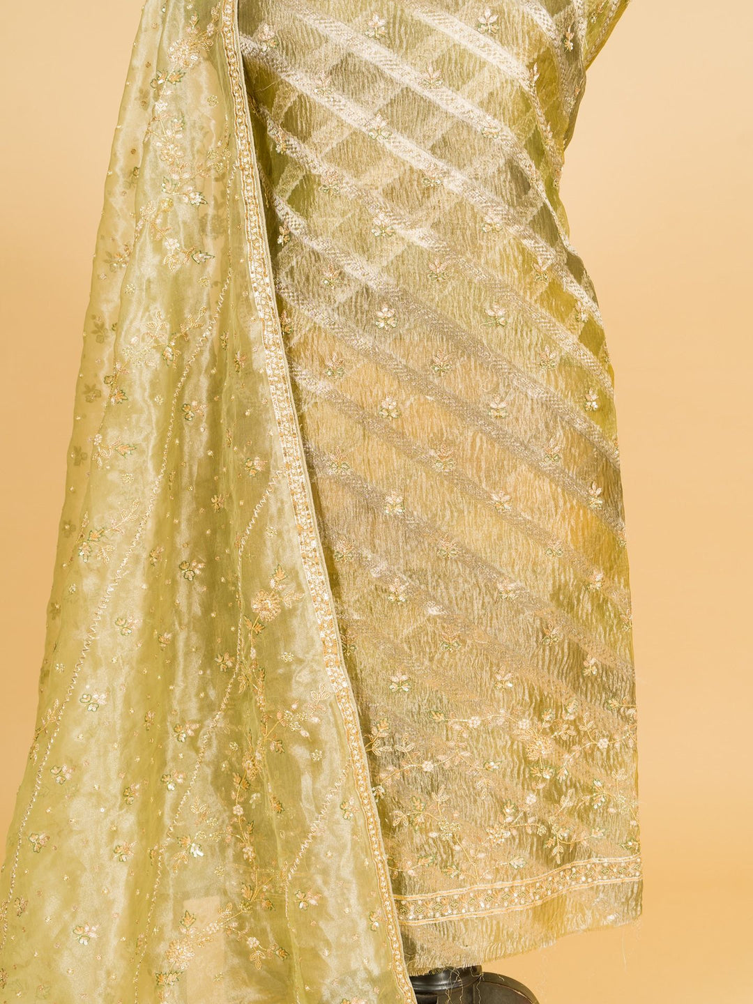 Tissue Suit Piece with Zardozi work in Mehendi Green