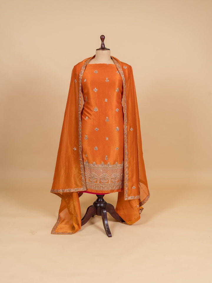 Tissue Suit Piece with Zardozi work in Rust Orange