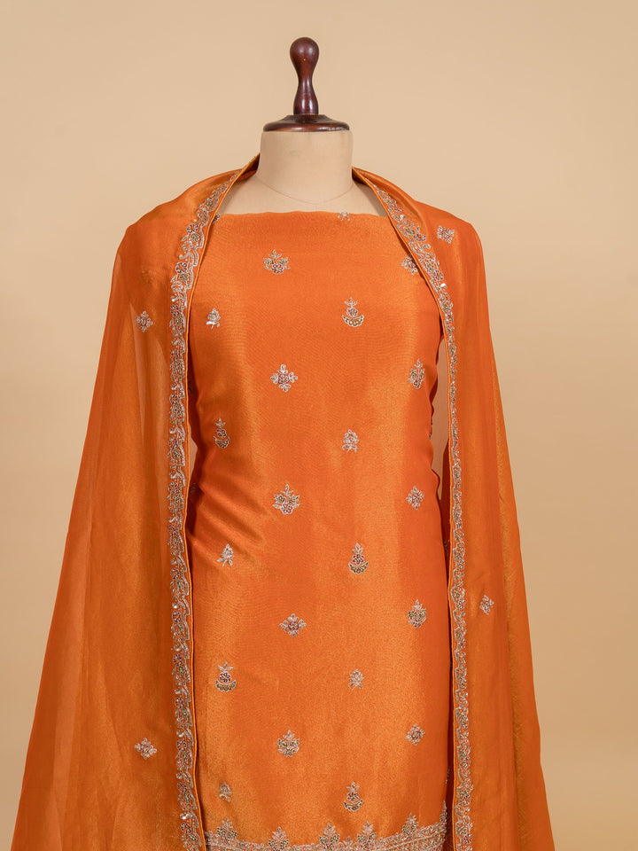 Tissue Suit Piece with Zardozi work in Rust Orange