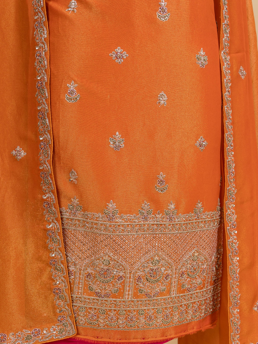 Tissue Suit Piece with Zardozi work in Rust Orange