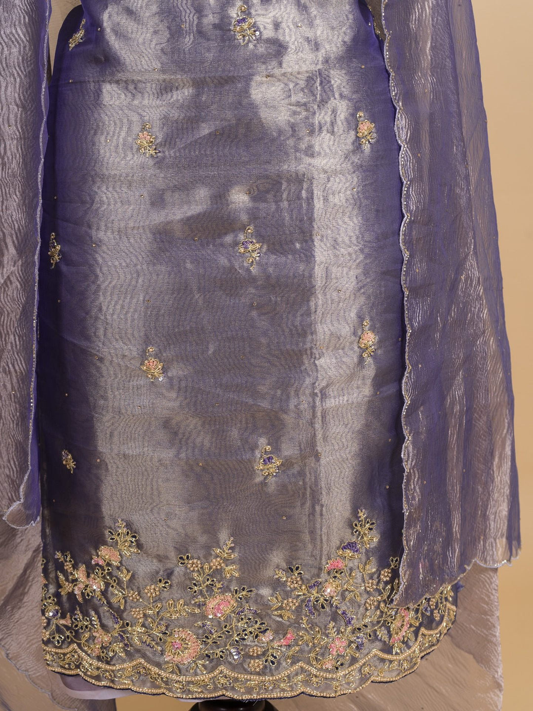 Silk Tissue Suit Piece with Zardozi work in Shaded Purple